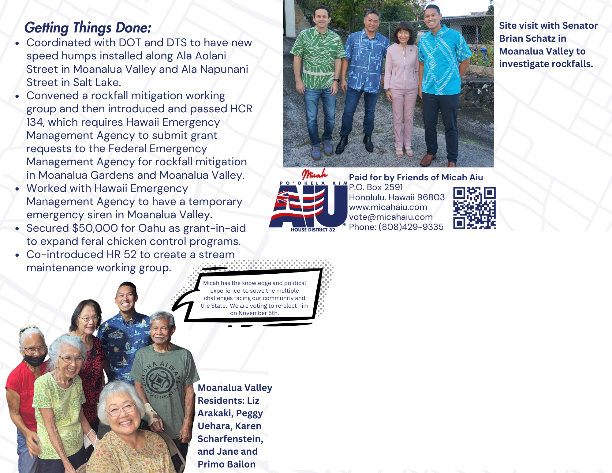 2024 campaign flyer: rockfall mitigation and Moanalua Valley testimonial — open full-size image