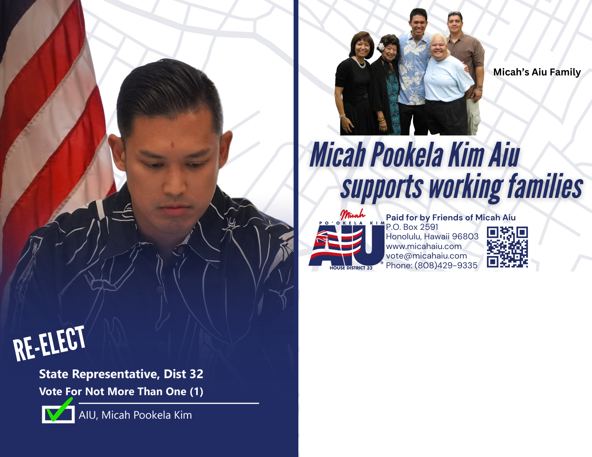 Historical reelection flyer: working families and Aiu family photograph — open full-size image